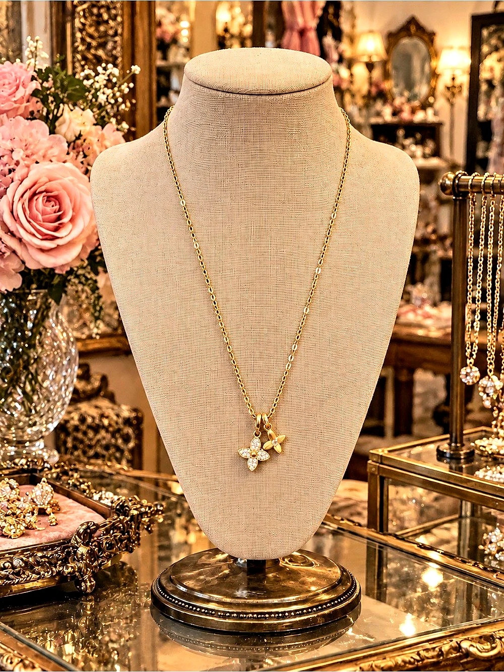 Designer Inspired Flower Charm Necklace Gold